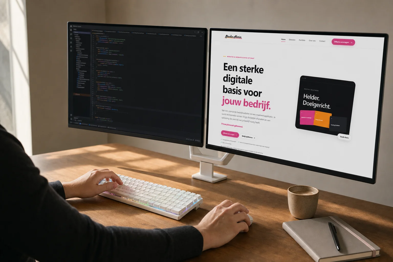 Werkmoment bij Studio Narin met code op de linker monitor en de Studio Narin-website op de rechter monitor.